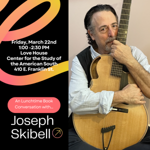 Author Joseph Skibell holding instrument. Promotion for March 22 book talk and lunch.